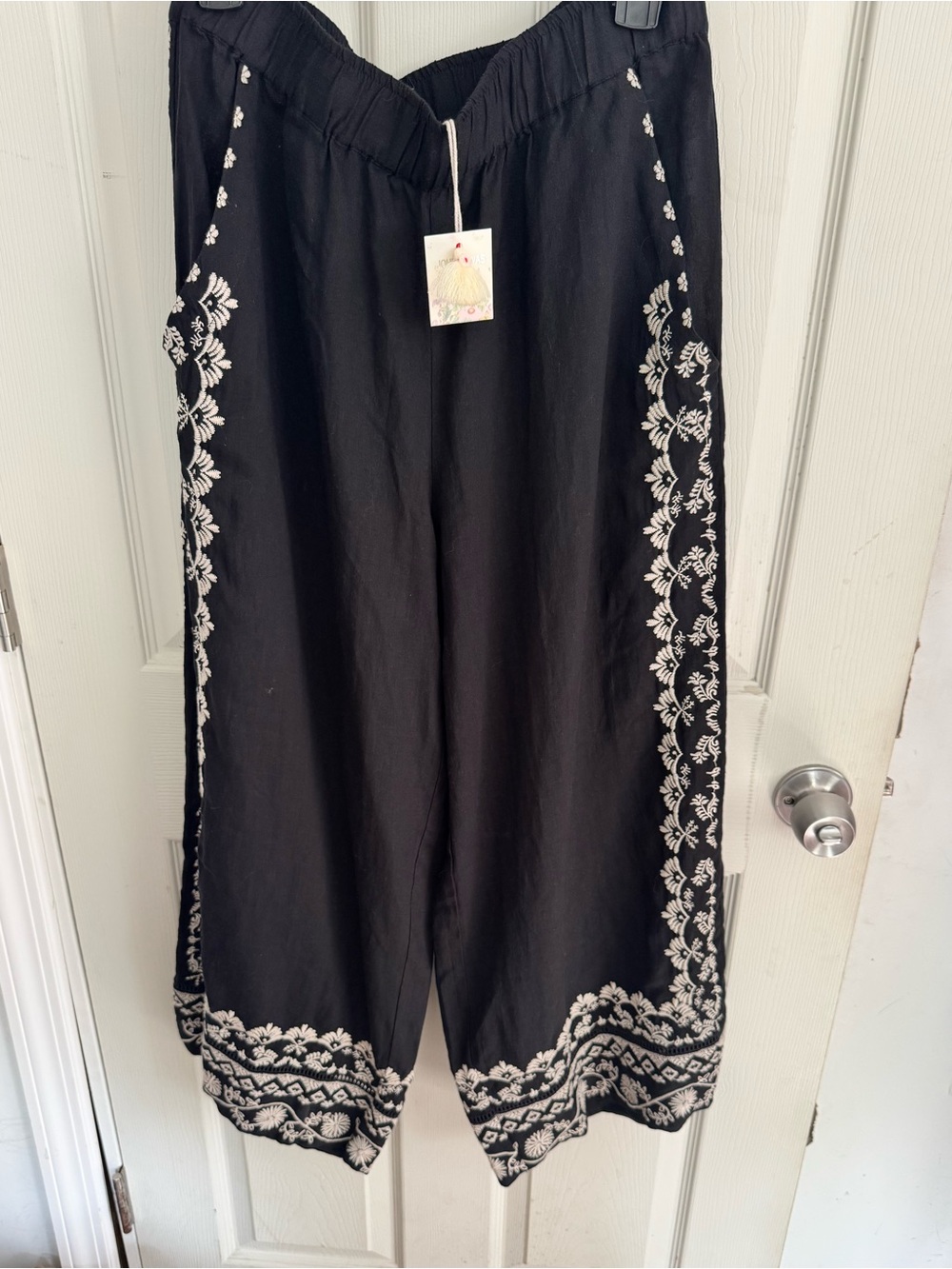 Johnny Was Workshop Pants Womens M Black Embroidered Linen Wide Leg NWT - Picture 5 of 16